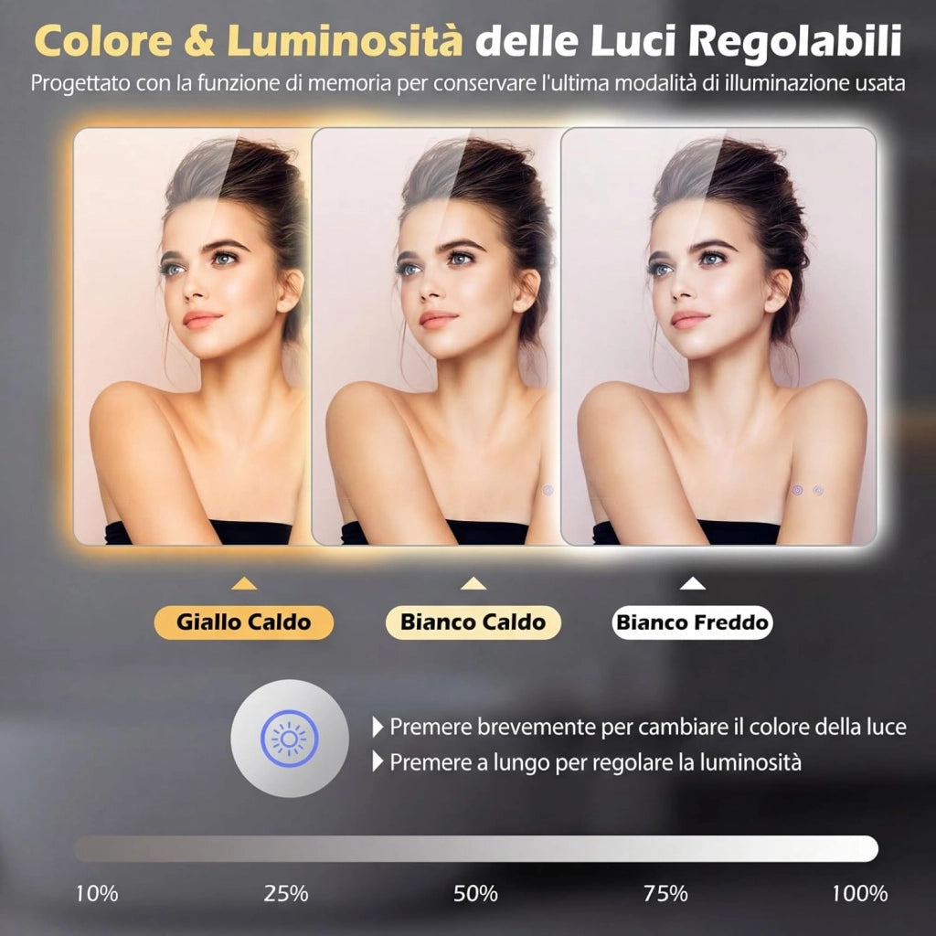 Specchio da Bagno Rettangolare con LED, Specchio da Parete con Luminosità Regolabile, Retroilluminato, Touch Intelligente, Vetro Temperato con Memoria e Anti-Appannamento (80 x 60 x 3 cm)