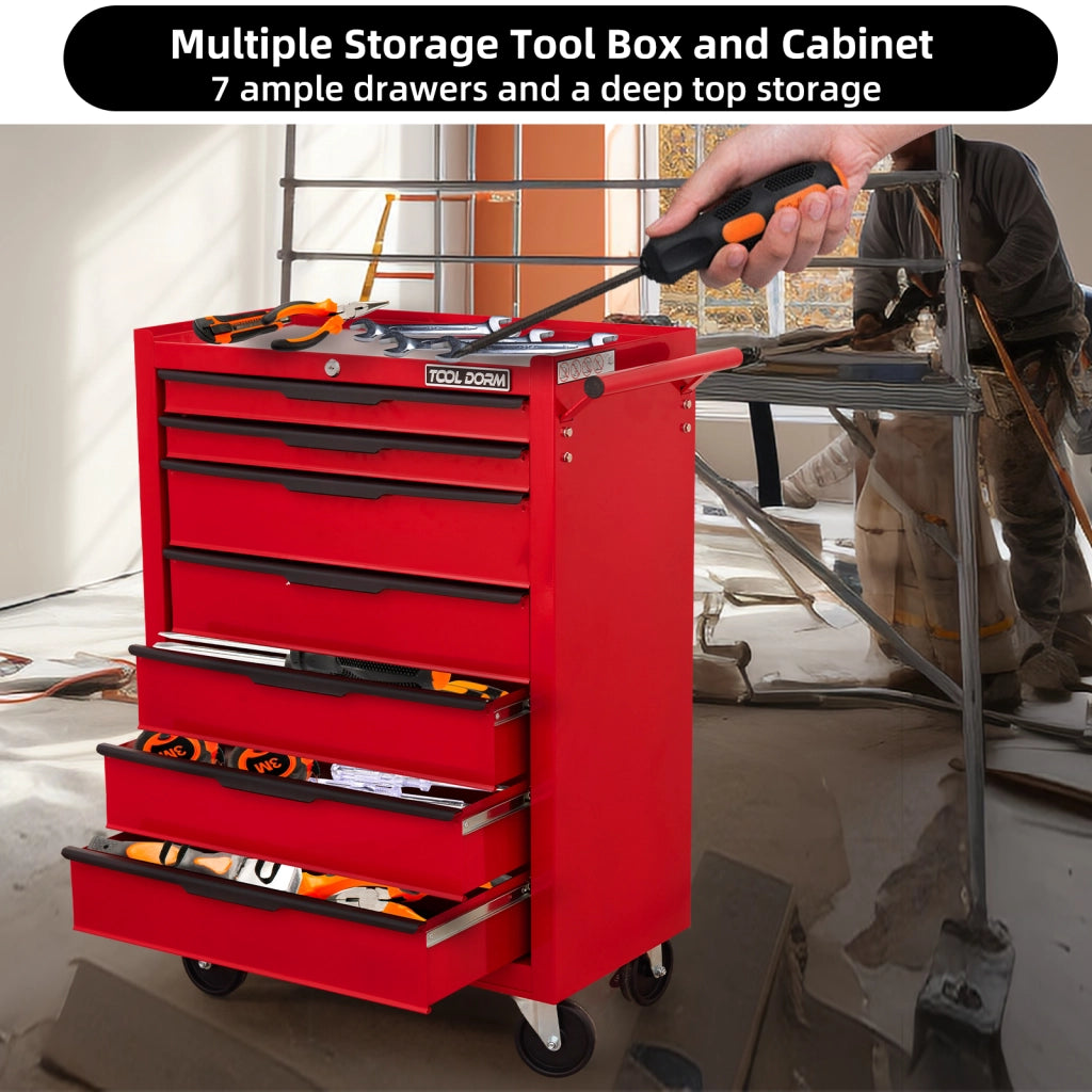 Scaffale con 7 cassetti e ruote, sistema di chiusura con chiave, per garage e officina, metallo rosso 615 × 330 × 860 mm
