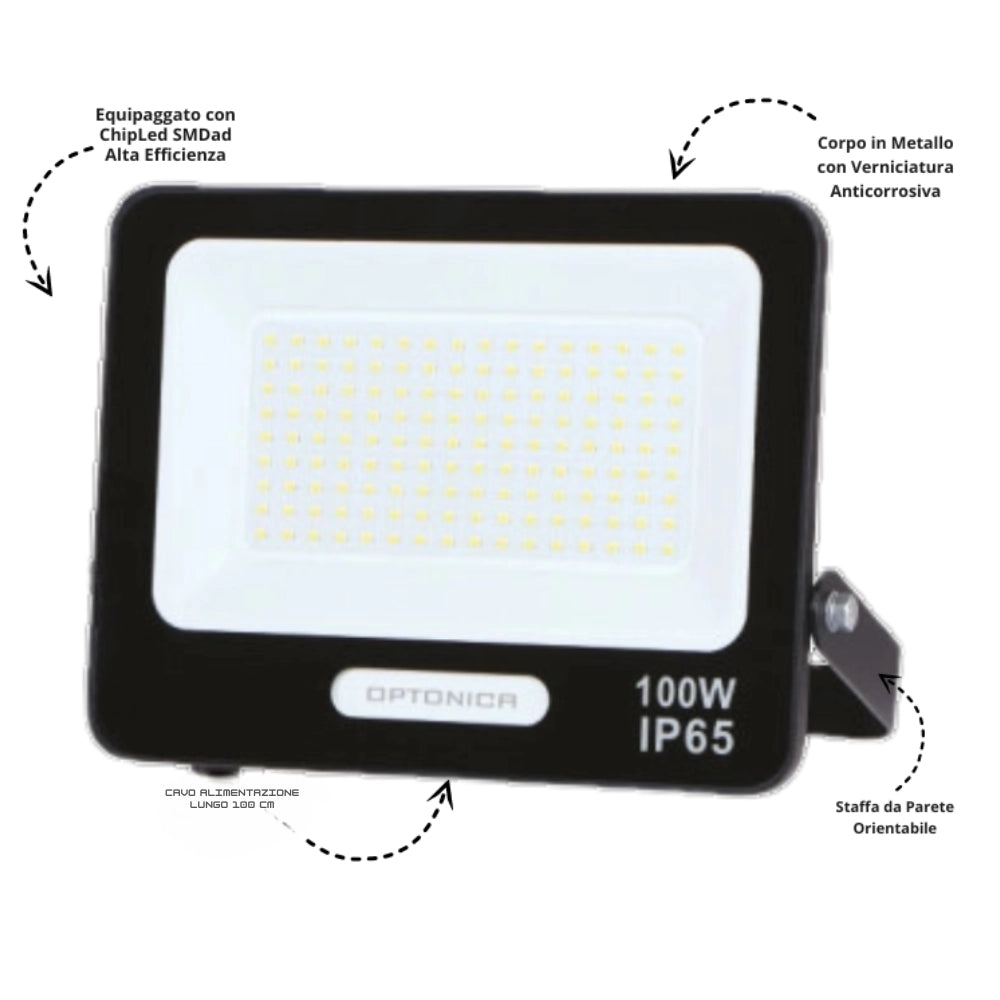 Optonica proiettore led smd corpo nero linea premium 6000k ip65 clip luminoso *** potenza 300w, confezione 1