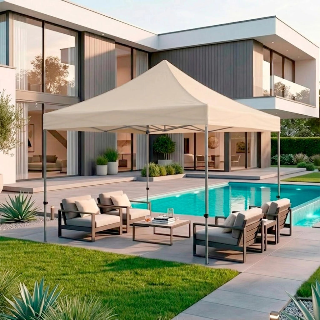 Gazebo Professionale Con Struttura A Fisarmonica Richiudibile Automatico In Acciaio E Telo Oxford 1200D PVC Impermeabile E Anti UV Dotato Di Sacche Zavorra E Borsa Trasporto Per Sagre Feste Eventi 3x3 M Beige