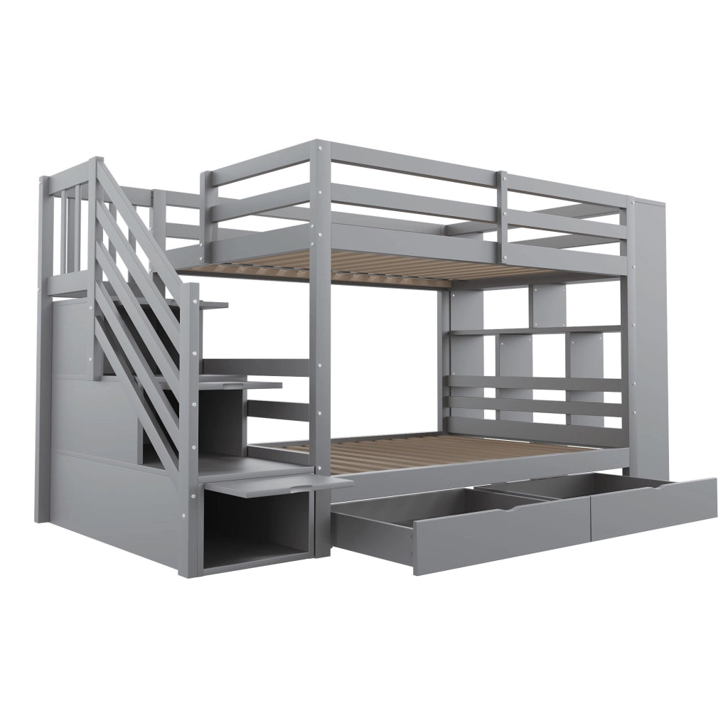Letto a Castello 90x200 cm; Letto Singolo con Cassetti e Armadi; Scaletta; Grigio