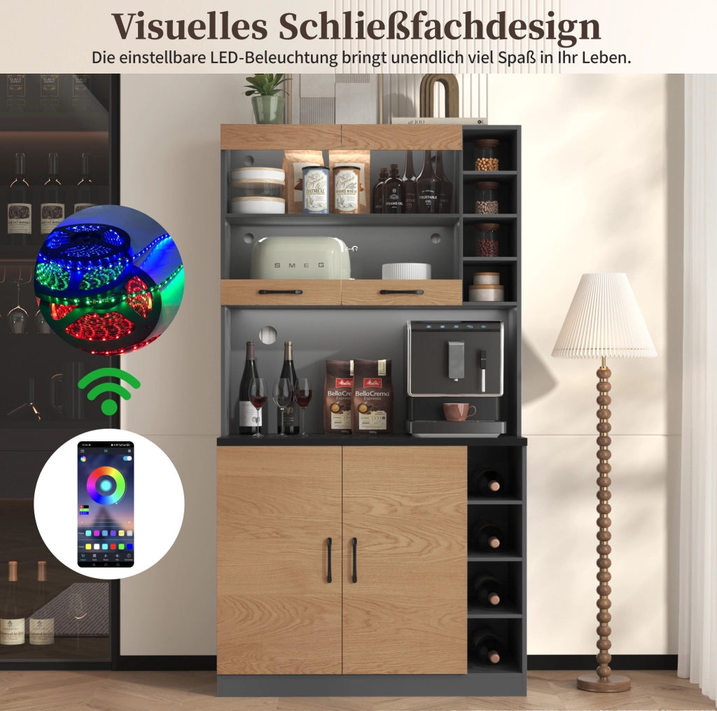 Credenza da cucina con LED, vano centrale e ripiani regolabili
