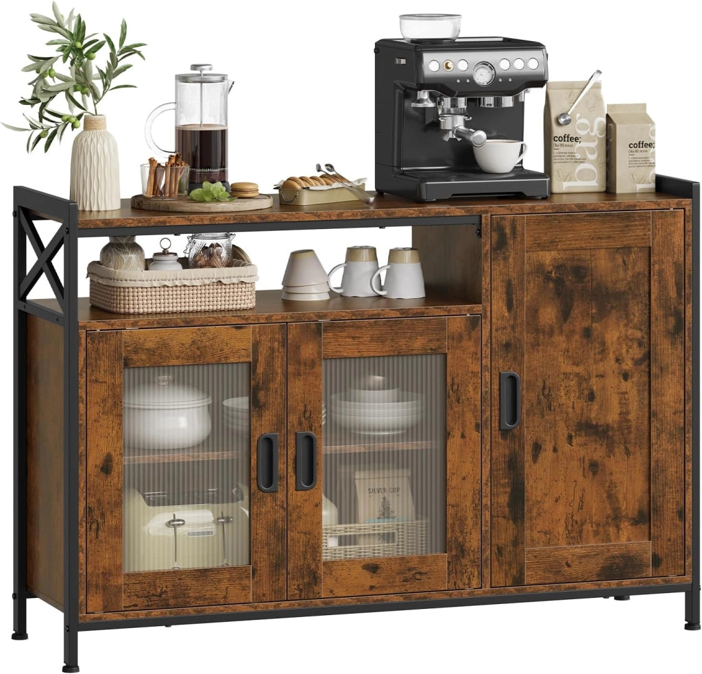 Credenza Cucina con 3 Ante, Mobile Buffet Salvaspazio con 2 Ripiani Regolabile, in Legno e Metallo, per Cucina, Soggiorno, Ingresso, 110x33x75 cm, Marrone Rustico