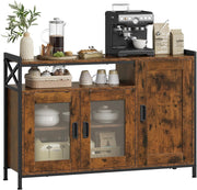 Credenza Cucina con 3 Ante, Mobile Buffet Salvaspazio con 2 Ripiani Regolabile, in Legno e Metallo, per Cucina, Soggiorno, Ingresso, 110x33x75 cm, Marrone Rustico