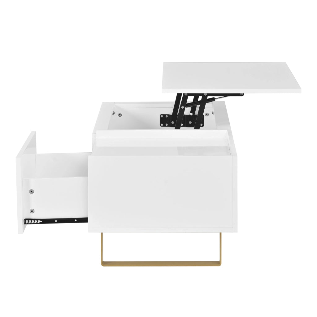 Tavolino lucido, con piano regolabile in altezza, in MDF, con cassetto, gambe in metallo, bianco