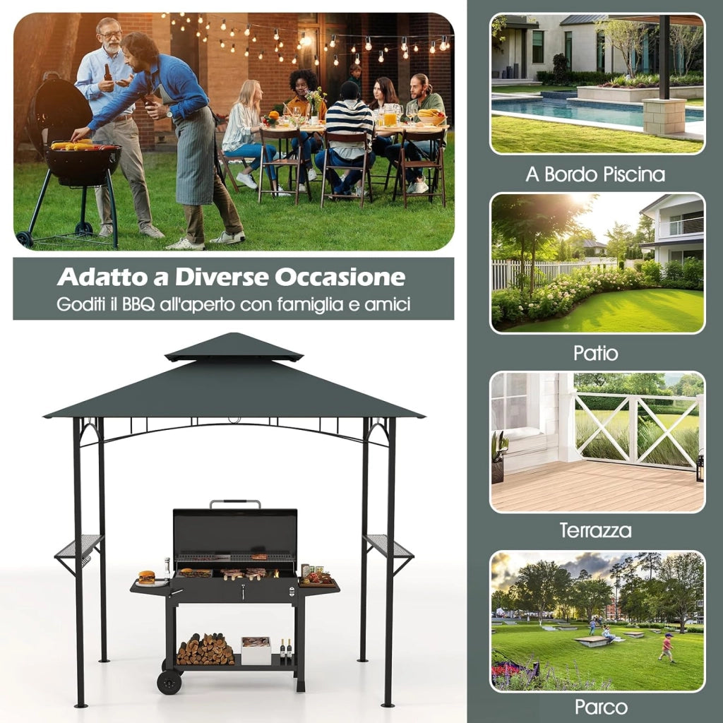 Gazebo per Barbecue 240 x 151 cm, Pergola per BBQ con con 2 Ripiani, 7 Ganci, Struttura in Metallo e Tetto Morbido, Tenda per Picnic e Barbecue per Giardino, Piscina e Terrazza (Grigio)