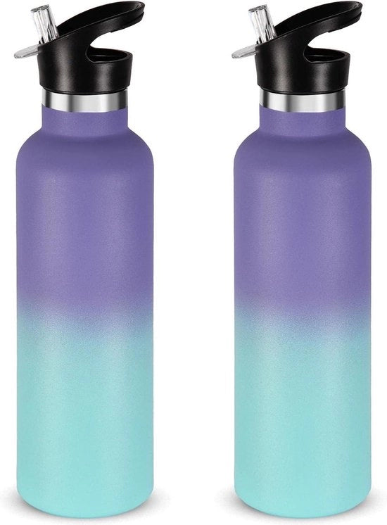 Vacuum Isolante Termos 750 ml in Acciaio Inossidabile con Doppia Parete e Maniglia - Cambio di Colore Lila-Blu - Set da 2 - per Bambini, Sport, Scuola, Esterno