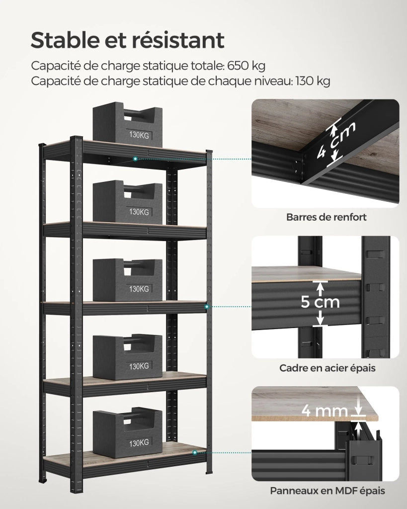 Scaffale a 5 ripiani 150 x 75 x 30 cm portata totale 650 kg (130 kg/ripiano) scaffale in stile industriale con ripiani regolabili per soggiorno o cucina nero 12_0005441