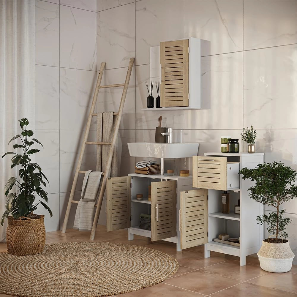 Set di mobili da bagno 3 pezzi Looma, Bianco/quercia, 60 cm, composto da mobile sottolavabo, specchiera e mobile medio