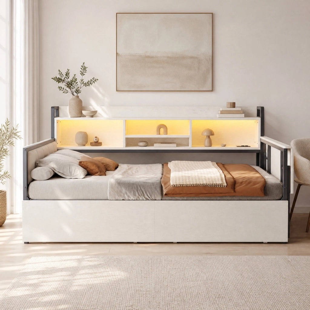 Letto singolo multifunzione 90x200 cm con LED, scrivania e cassetti