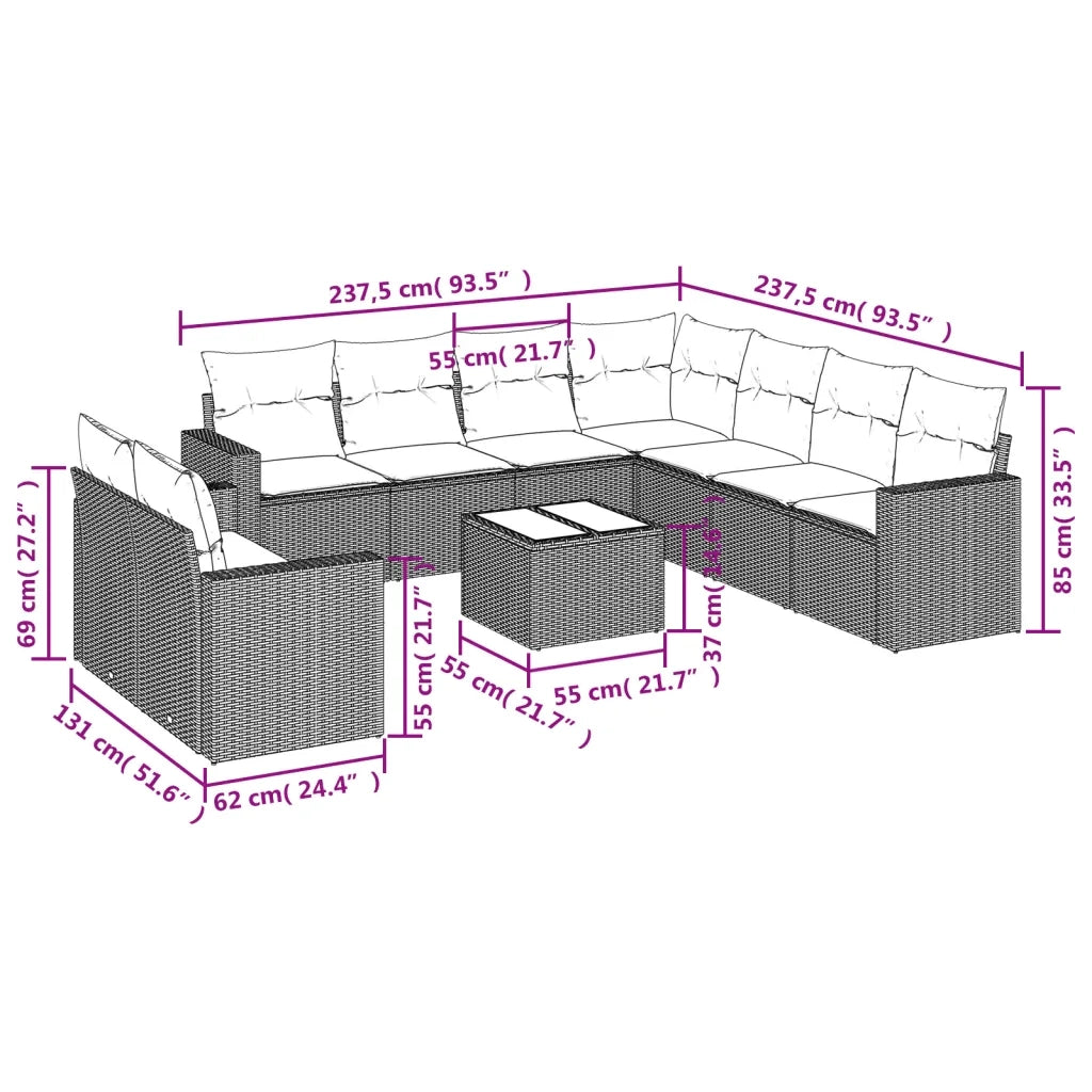 Set Divani da Giardino 10pz con Cuscini in Polyrattan Nero 3219146