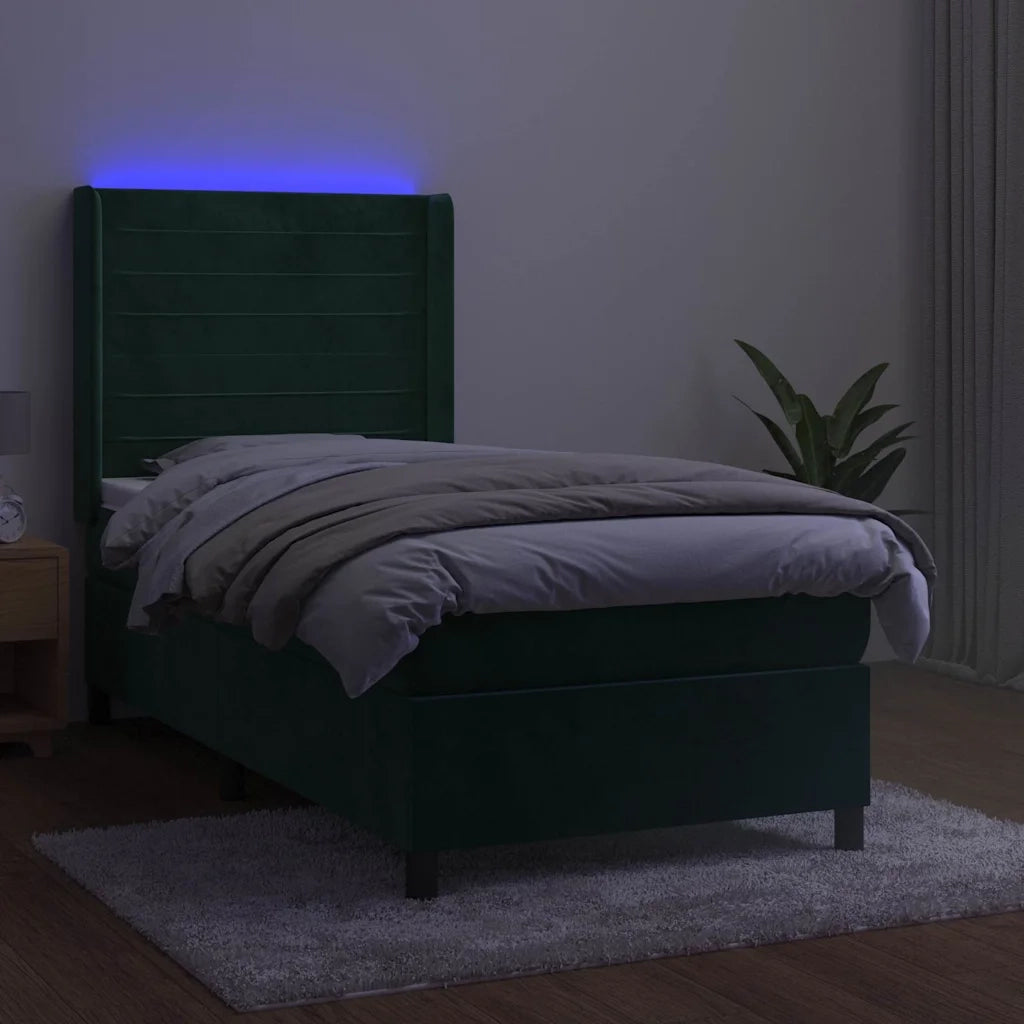 Letto a Molle con Materasso e LED Verde Scuro 90x190 cm Velluto 3139598
