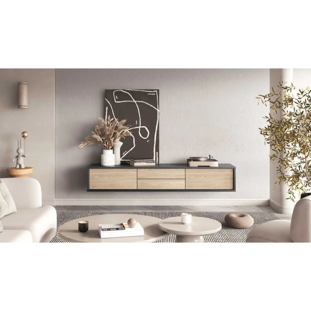 Mobile TV 180cm, 2 cassetti e 2 porte collezione MAANUM. Colore grigio e rovere chiaro.