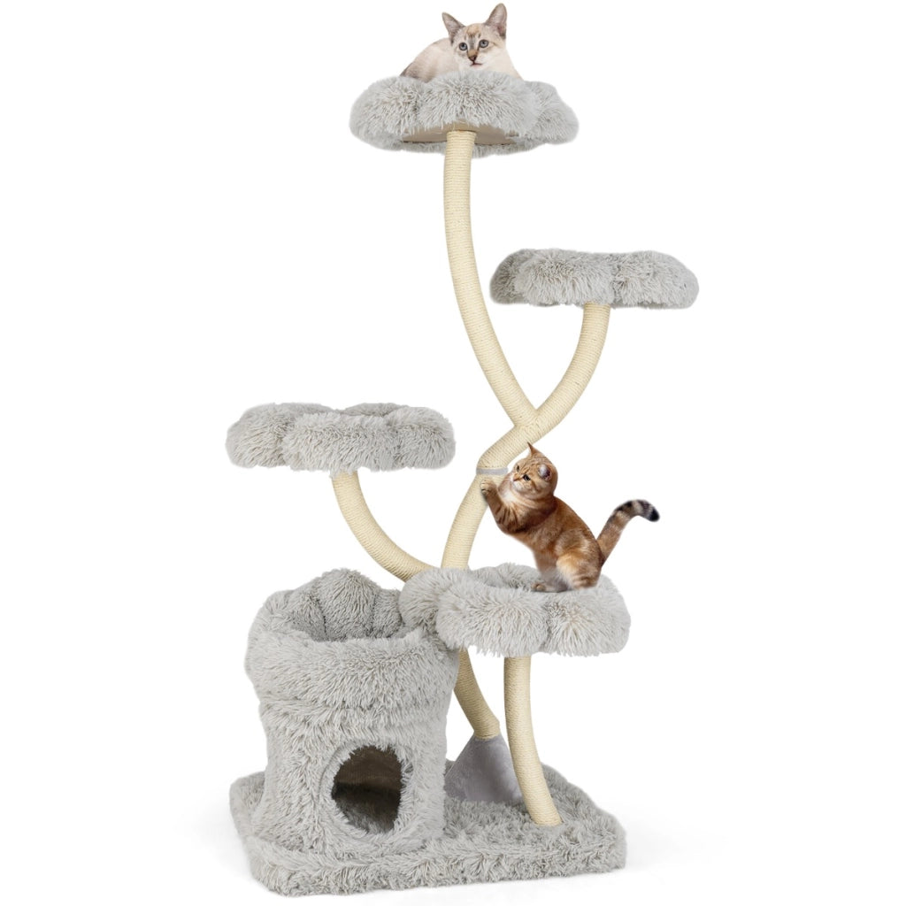 Torre per gatti autoportante tiragraffi in sisal, Albero per gatti con 4 piattaforme a forma di fiore Grigio-Alberi Tiragraffi