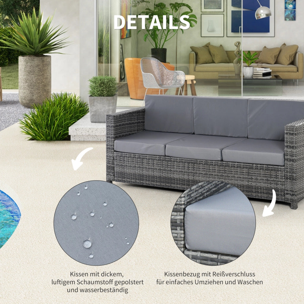 Divano lounge a 3 posti con cuscini in rattan per terrazzo e balcone grigio