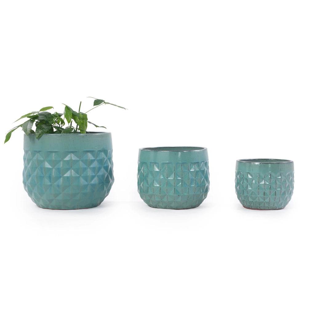 Set di 3 vasi in ceramica smaltata turchese, design geometrico, per interni ed esterni