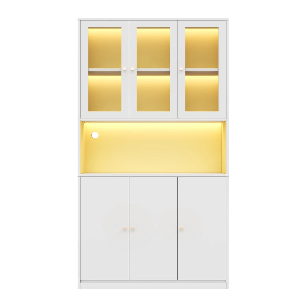 Libreria alta 100×35×200 cm con vetrina in vetro, LED multicolore, vani aperti e 3 ante, bianco