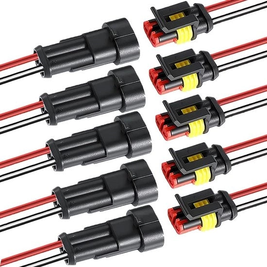 5 Set connettori elettrici a 2 pin autoimpiantabili acqua resistenti - preinstallati e duraturi - nero - adatti per auto e motociclistica - con guaina protettiva - 5 pezzi