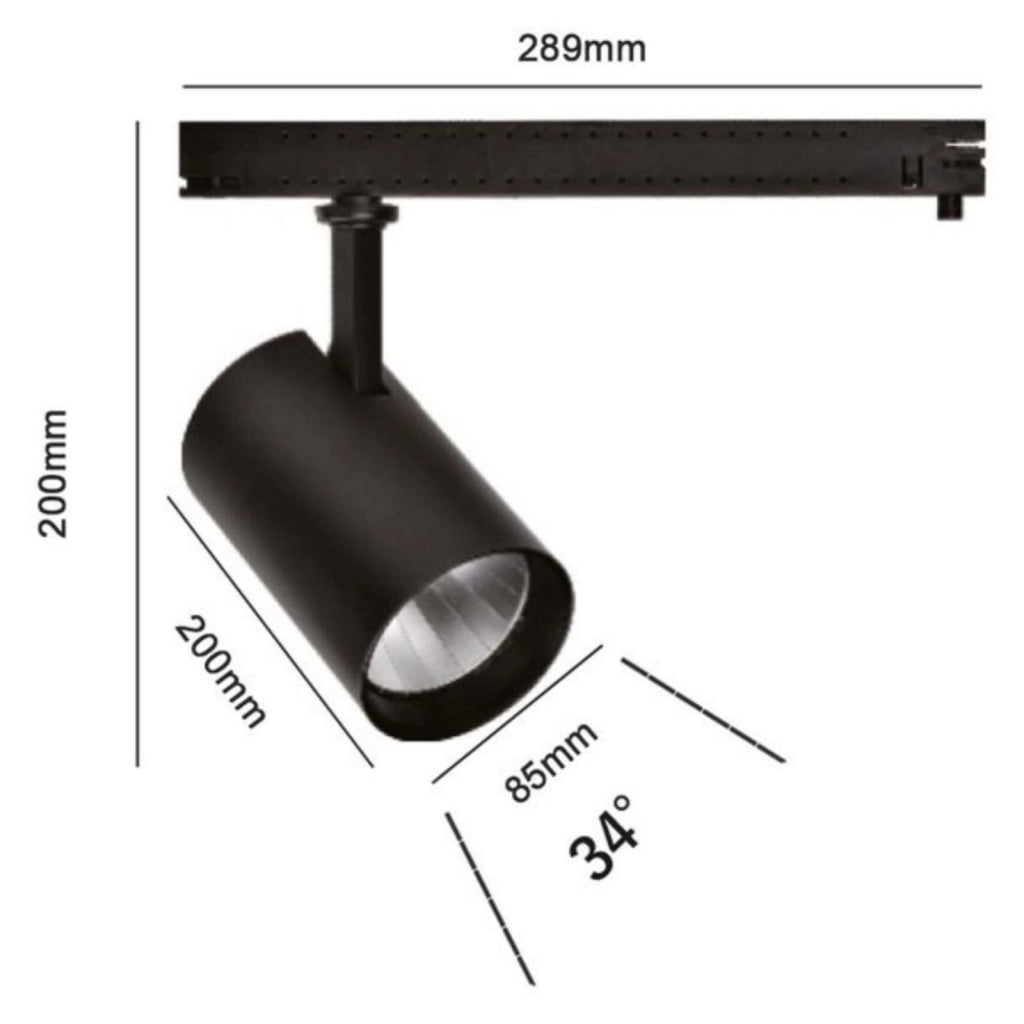 2 Kit Fari LED Binario Trifase 30W 4000LM, Corpo Nero Luce 3000K, CRI>90 UGR<19 Angolo 120°, D85X128mm, Driver Alimentatore a Scomparsa Lunga 289mm CB58130BC