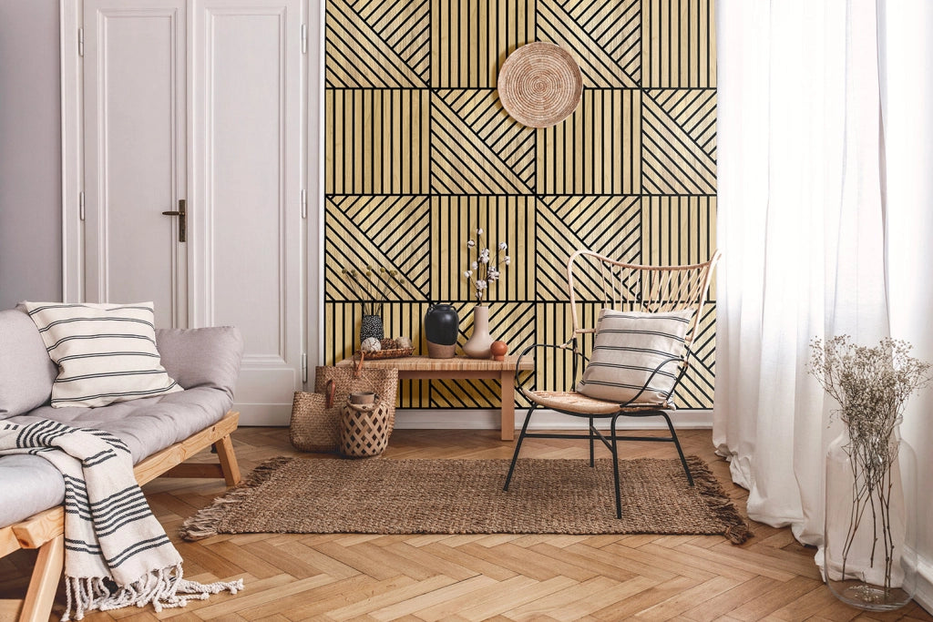 Set 10 Pannelli Decorativi Fonoassorbenti 58x58 cm in MDF Decoro A Tris Linee Noce Asia