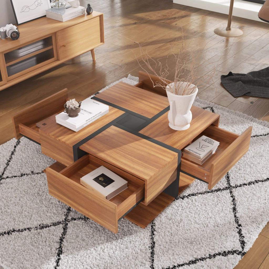 Tavolino da Caffè Quadrato con 4 Cassetti e Ripiano Inferiore; Motivo a Linee; Stile Moderno; in Pannelli di Particelle; Naturale; 78×78×36 cm