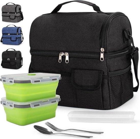 Tas da Pranzo Isolante 10L a Doppia Compartimento - Picknick Scuola - Nero - Set di Cucchiaini in Acciaio Inossidabile - Incluso 2 Contenitori da Pranzo