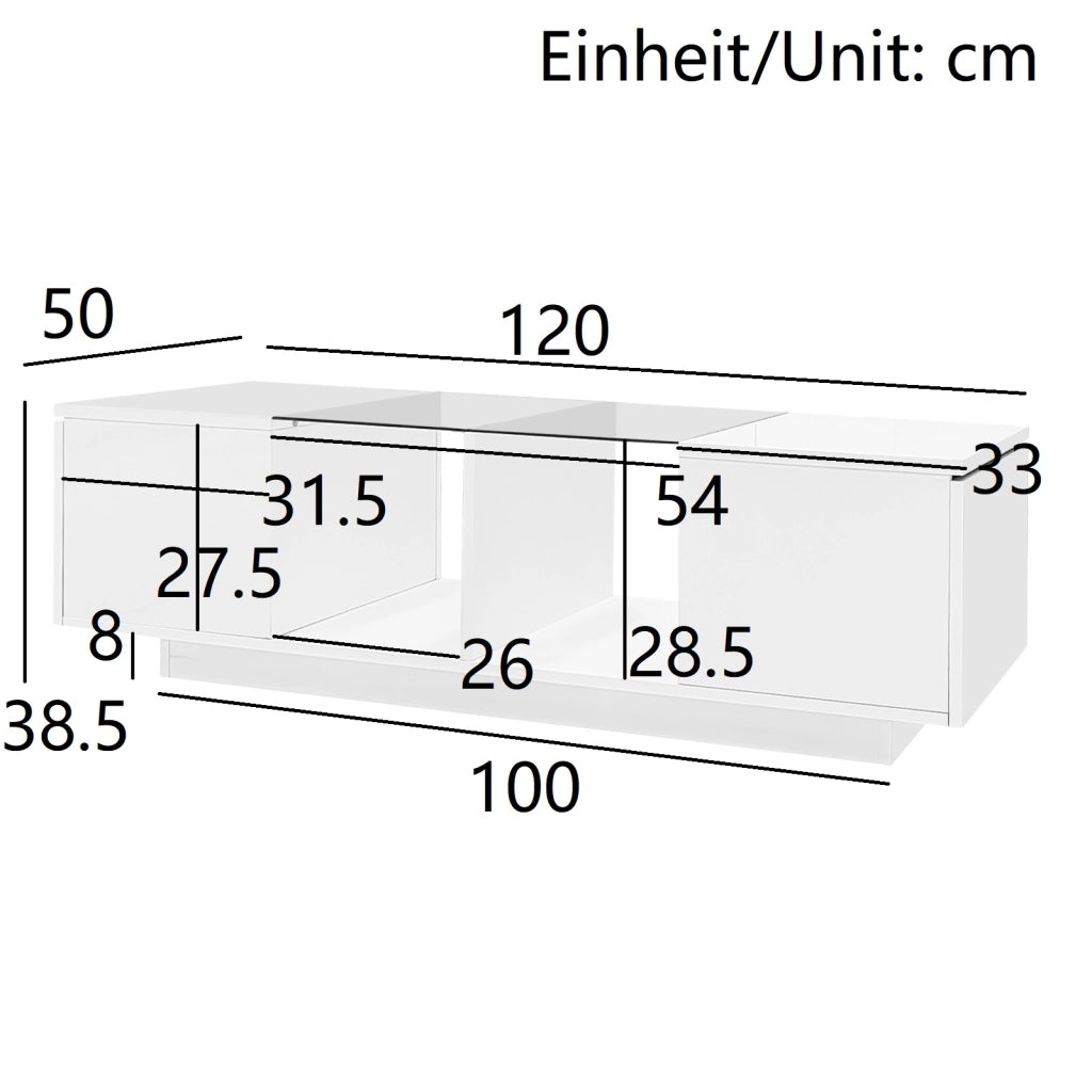 Tavolino da salotto con 2 Ante e LED; Piano in Vetro; Finitura Lucida e Opaca; in MDF; Bianco