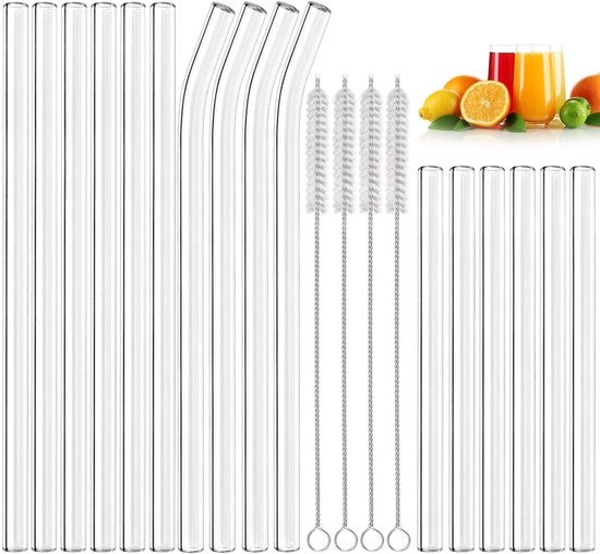 Set di stecchi in vetro riutilizzabili (20 pezzi) - 6 corti + 6 lunghi rettilinei + 4 stecchi in vetro curvi + 4 spazzole di pulizia, adatti per bubble tea, slush, cocktail e succhi.