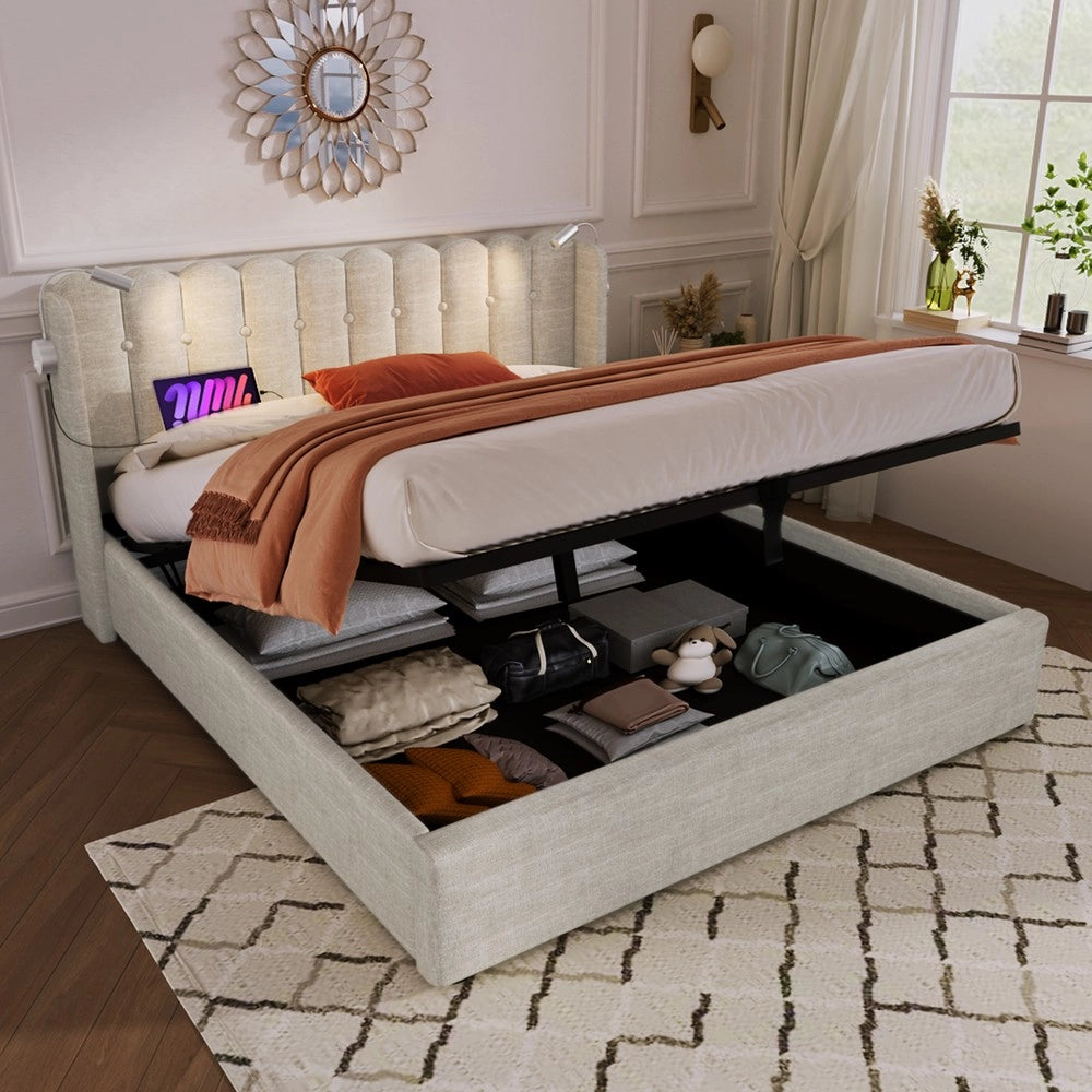 Letto Imbottito Matrimoniale con Contenitore e Luce LED ¨C MINIMAL ¨C Lino Naturale 160x200