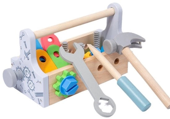 carrello di attrezzi portatile, gioco di simulazione per l'assemblaggio di viti, giocattolo educativo e pratico in legno per la pratica.