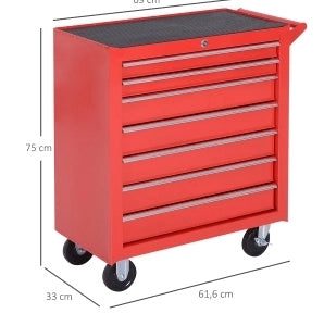 Carrello portautensili in acciaio rosso con 7 cassetti e ruote