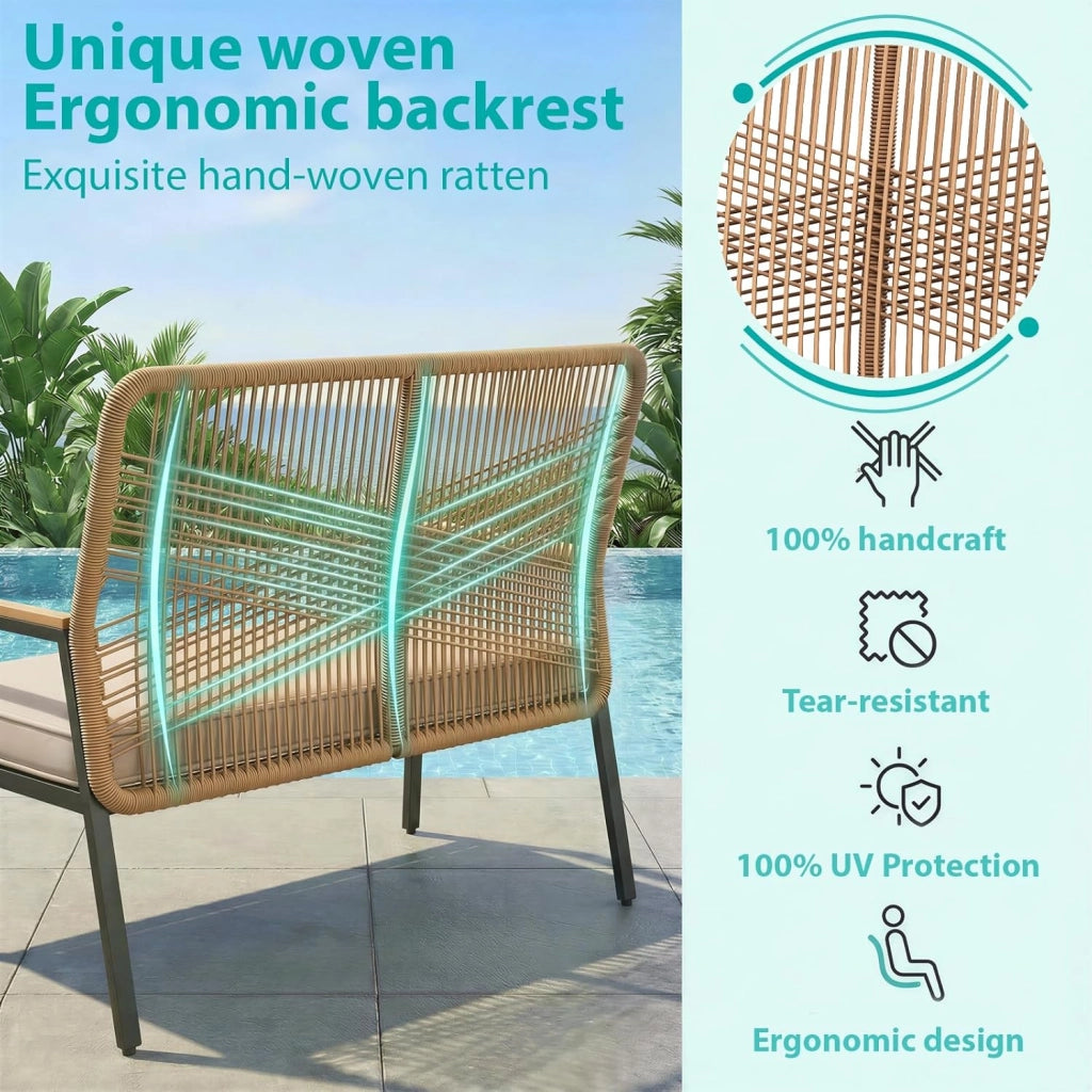 Panchina da giardino in rattan, sedia da giardino a 2 posti in polyrattan, panchina da esterno, resistente alle intemperie, braccioli in WPC, per terrazza, giardino e veranda, beige