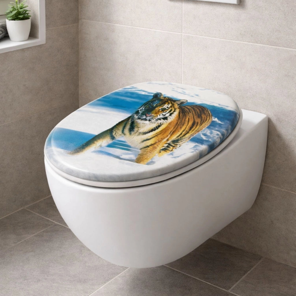 Sedile wc copri vater universale frizionato fantasia in mdf chiusura rallentata *** fantasia tiger, confezione 1