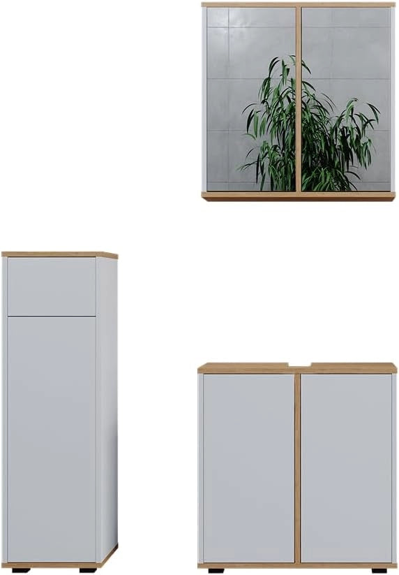Set mobili bagno Didi, Bianco/Artisan, 60 cm, composto da set con armadietto a specchio, base lavabo, 2 pensili medi e colonna