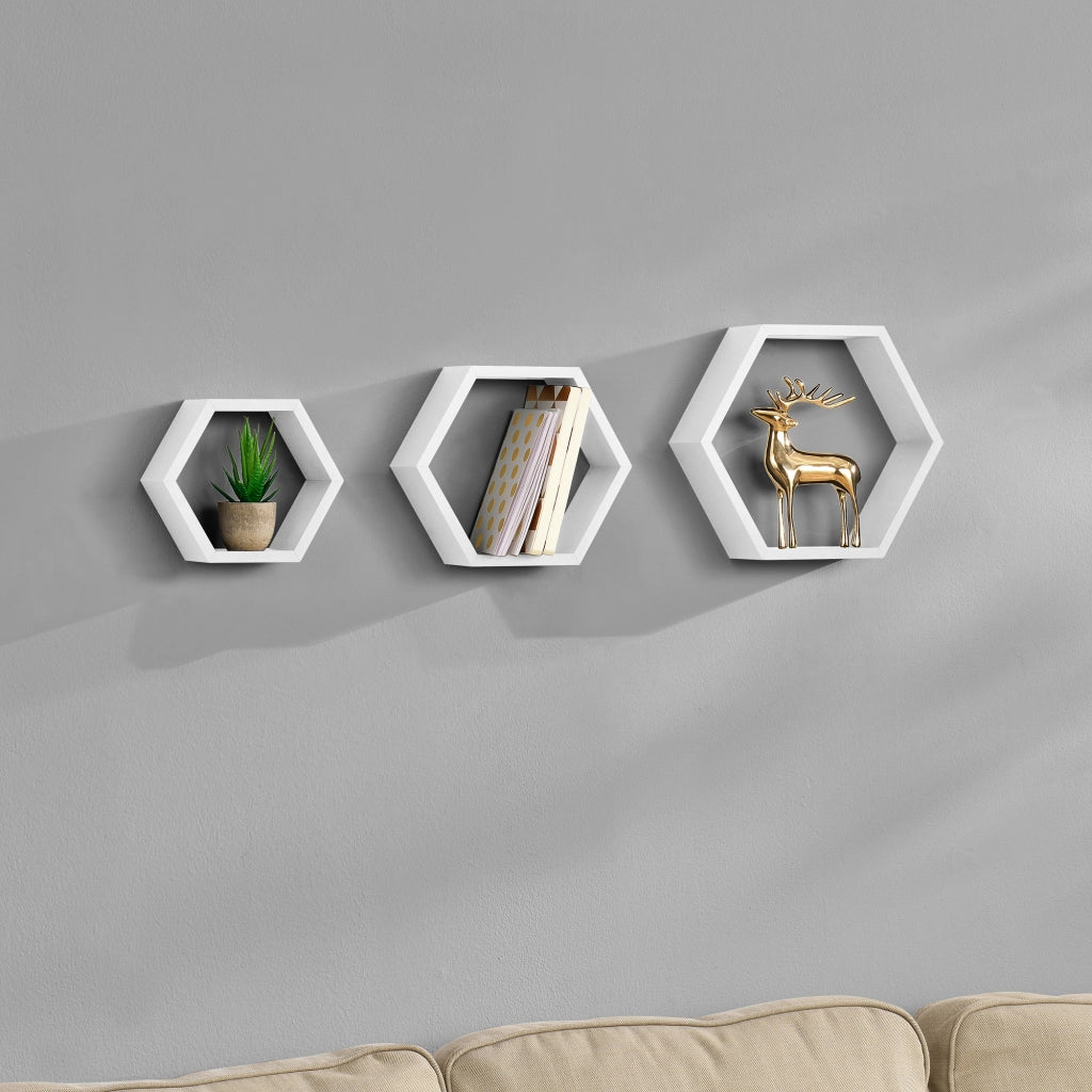 Set di 3 Mensole Esagonali da Parete Scaffali da Muro Design a Nido d’Ape - Bianco [en.casa]