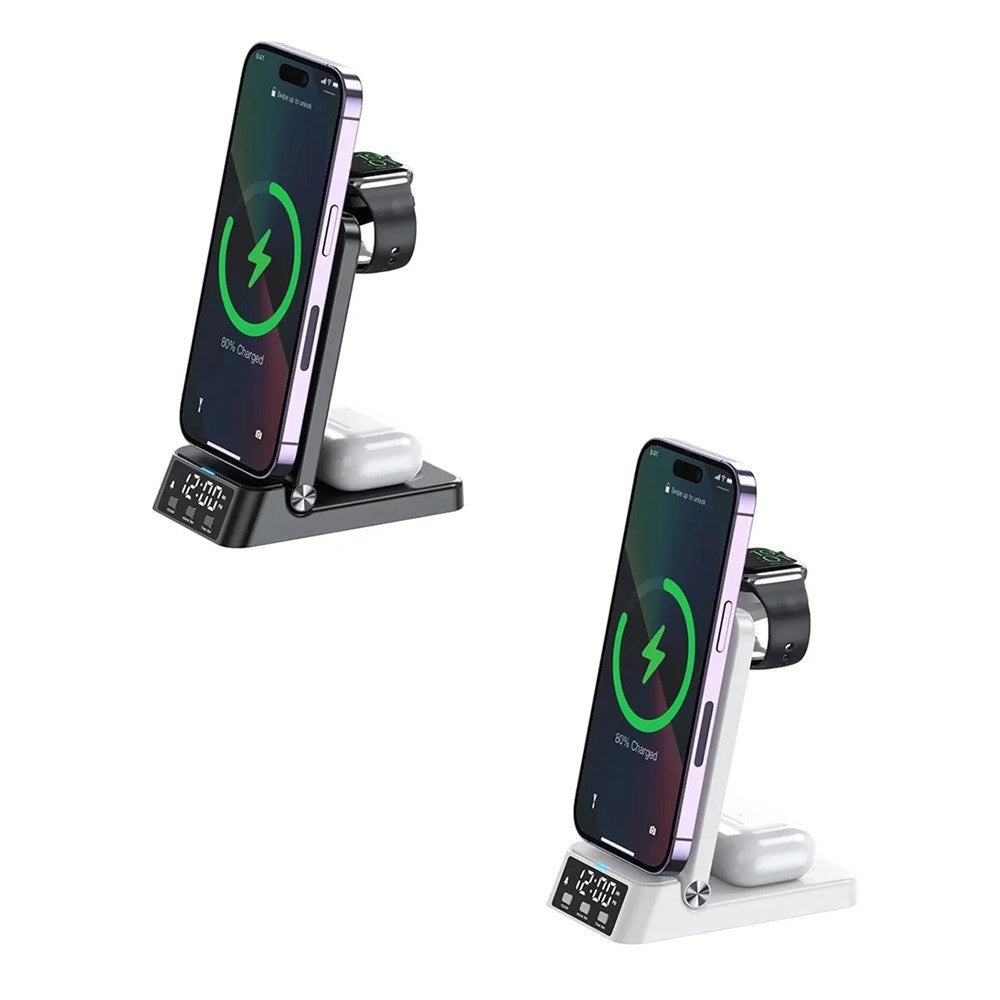 Trade Shop - Stazione Di Ricarica Magnetica Wireless 25w Pieghevole 4 In 1 Con Sveglia Orologio A60 -
