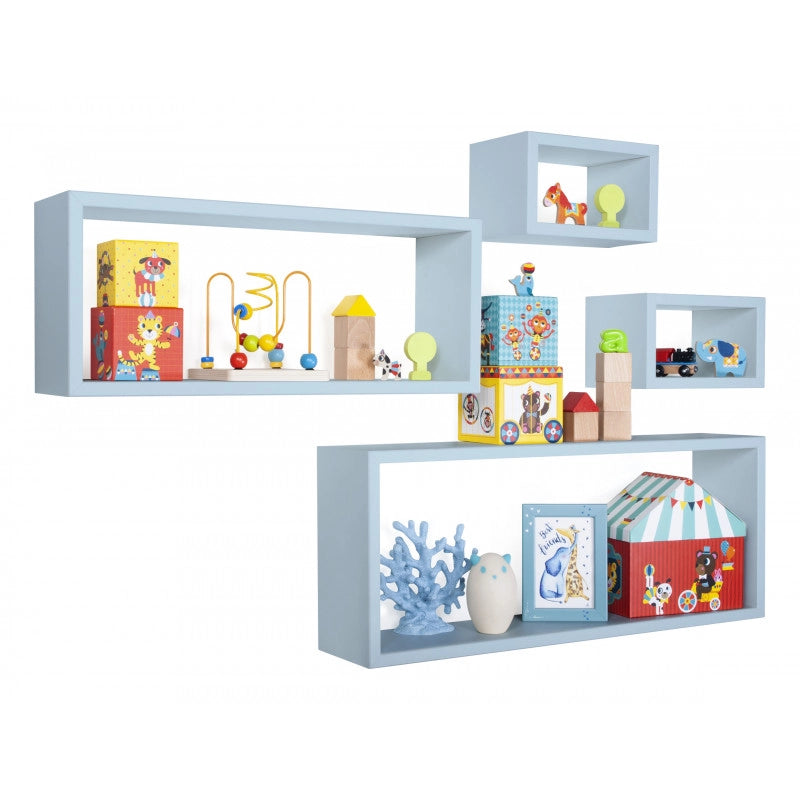 Set 4 Mensole da Muro, Pensile Bagno, Mensola Parete, Scaffale Parete, Blu Baltico, 75x30 p15,5 cm, 60x25 p15,5 cm e 2 da 25x15 p15,5 cm - Merlino