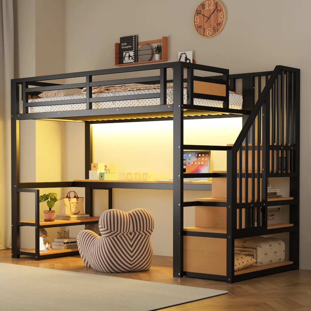 Letto a soppalco 90 × 200 cm con scrivania, ripiani, scala contenitore et barriera di sicurezza, senza materasso, in metallo, nero