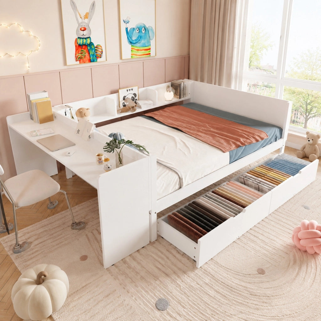 LETTO matrimoniale 140x200 cm bianco in pino, con scrivania, cassetti e ripiani