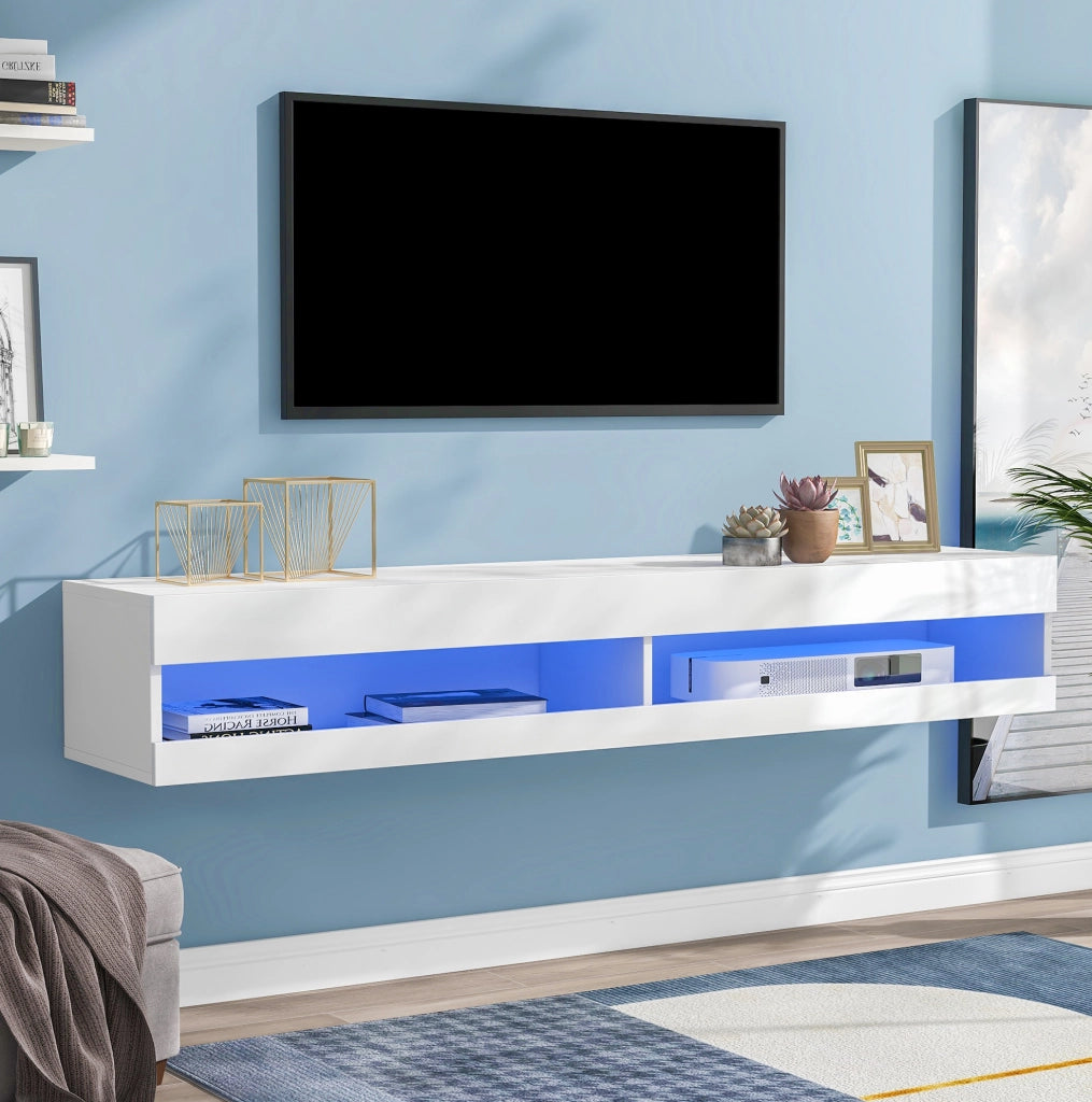 Mobile TV sospeso con illuminazione a LED e finitura bianca lucida