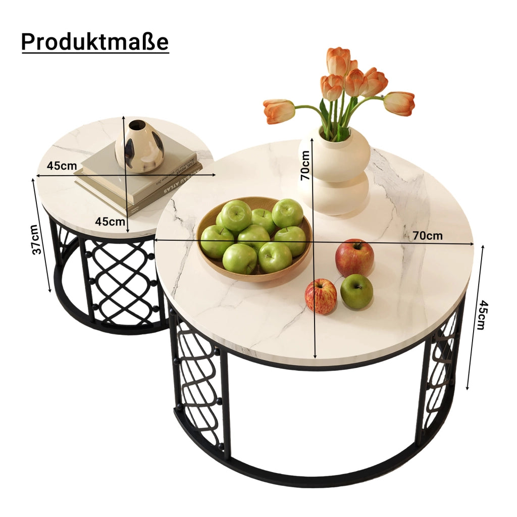 Set di 2 Tavolini da Salotto con Effetto Marmo, Struttura in Metallo, Design Nesting