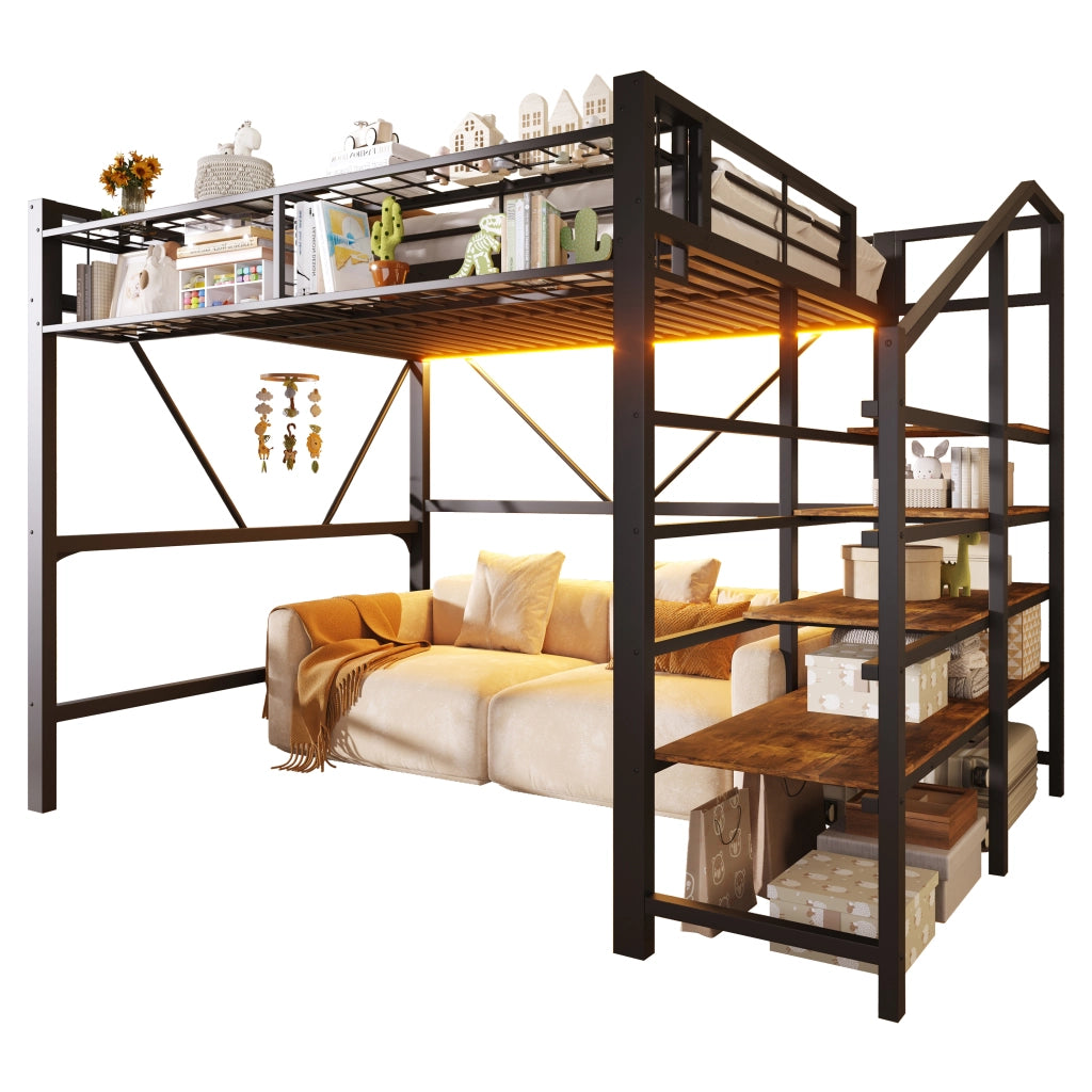 Letto a soppalco 140x200 cm in metallo nero con LED e ripiani laterali