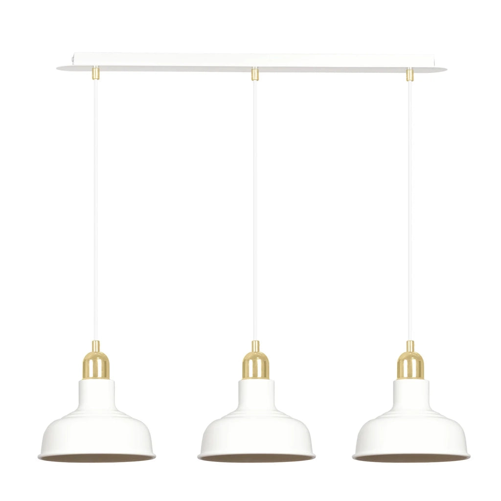 Lampadario Industrial 3 Luci Kubera In Acciaio Bianco Con Elementi In Oro