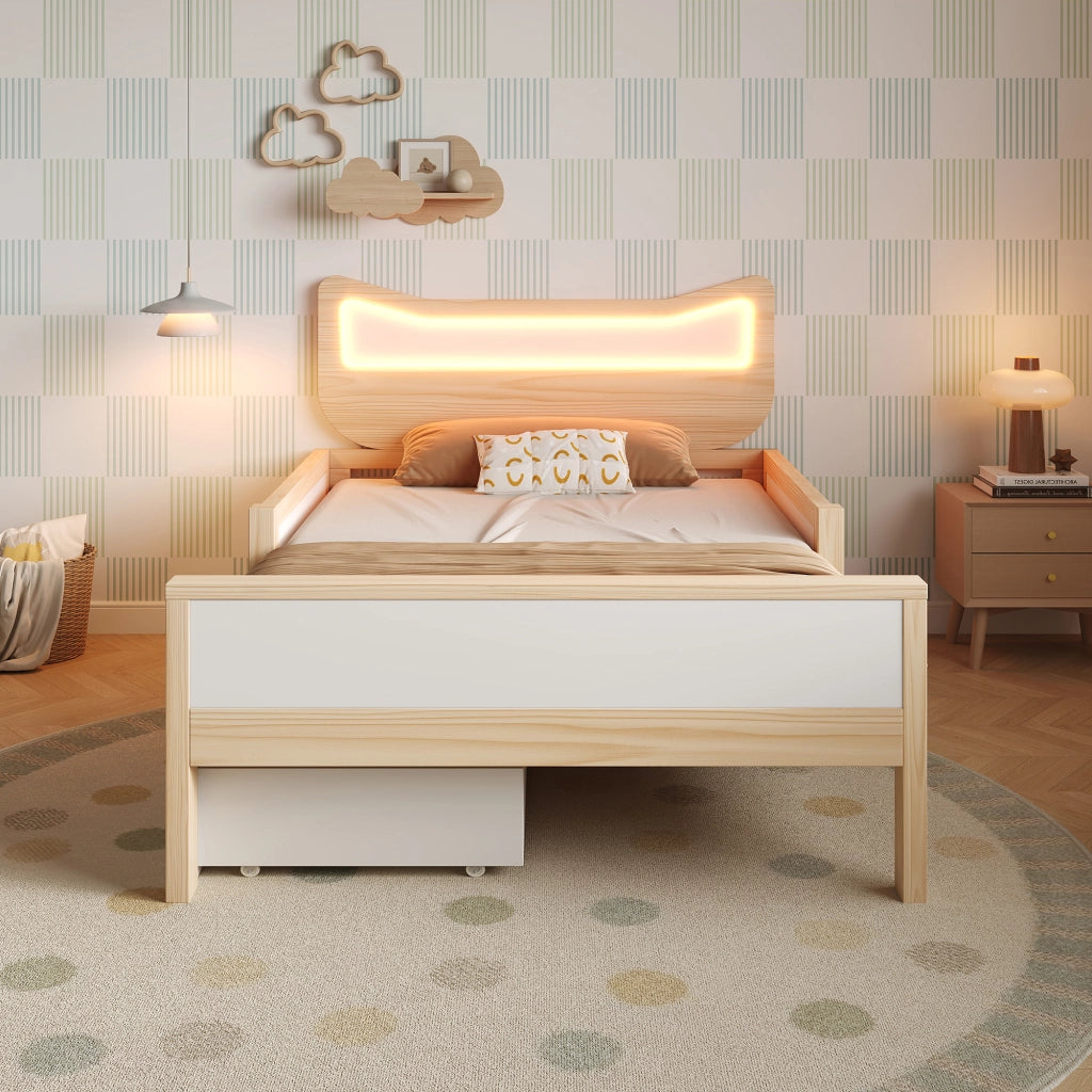 LETTO 90x200 cm con testiera gatto RGB LED, cassetto, legno bianco e rovere