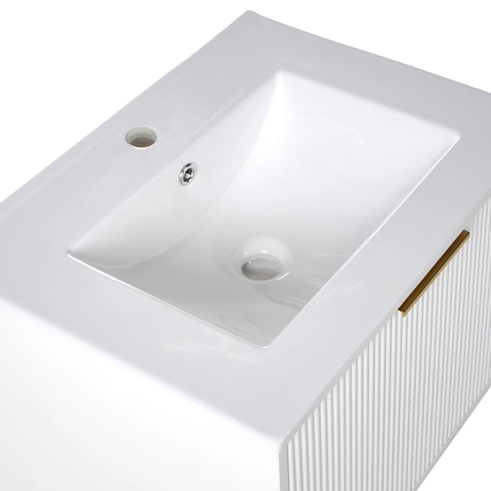 Mobiletto a muro con lavabo in legno massiccio Bianco con maniglia dorata per il bagno 60 cm stile moderno