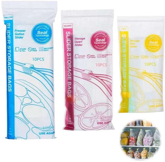 30 sacchetti Ziplock, contenitori per conservazione alimentare, sacchetti congelati, sacchetti ripiegabili con chiusura a zip, estraibili, resistente al congelatore e al forno a microonde