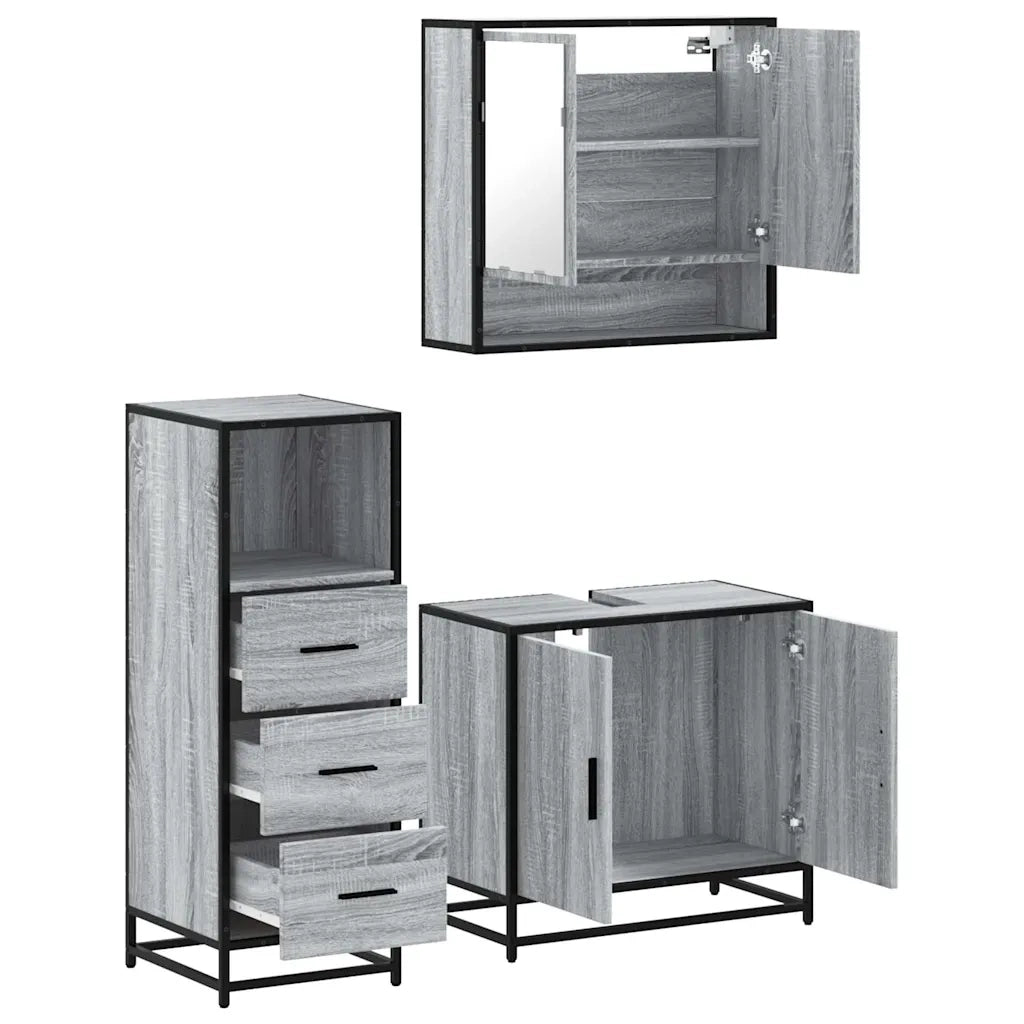 Set Mobili da Bagno | Armadio da bagno 3 pz Grigio Sonoma in Legno Multistrato
