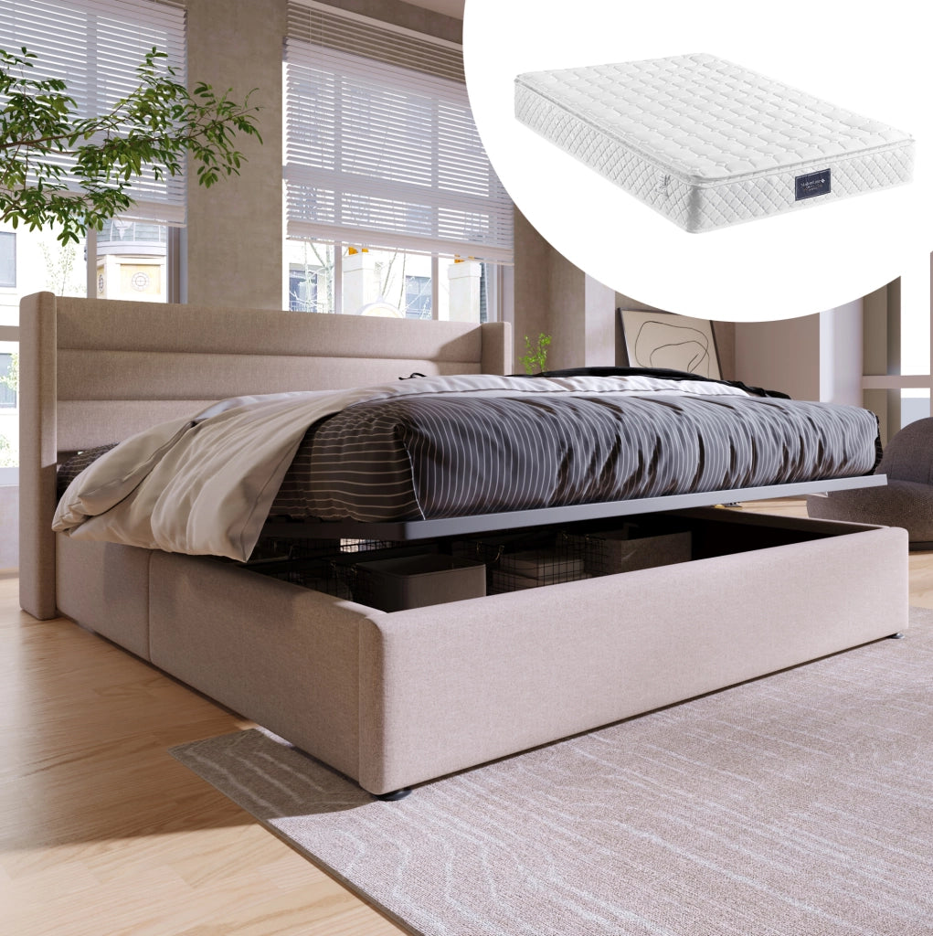 Letto matrimoniale imbottito 160x200 cm con contenitore e apertura idraulica; lino beige