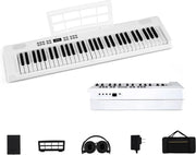 Pianoforte digitale pieghevole a 61 tasti, tastiera con auricolari, pedale, leggio, pianoforte digitale con 128 suoni e ritmi, tastiera per pianoforte con tasca (bianco)