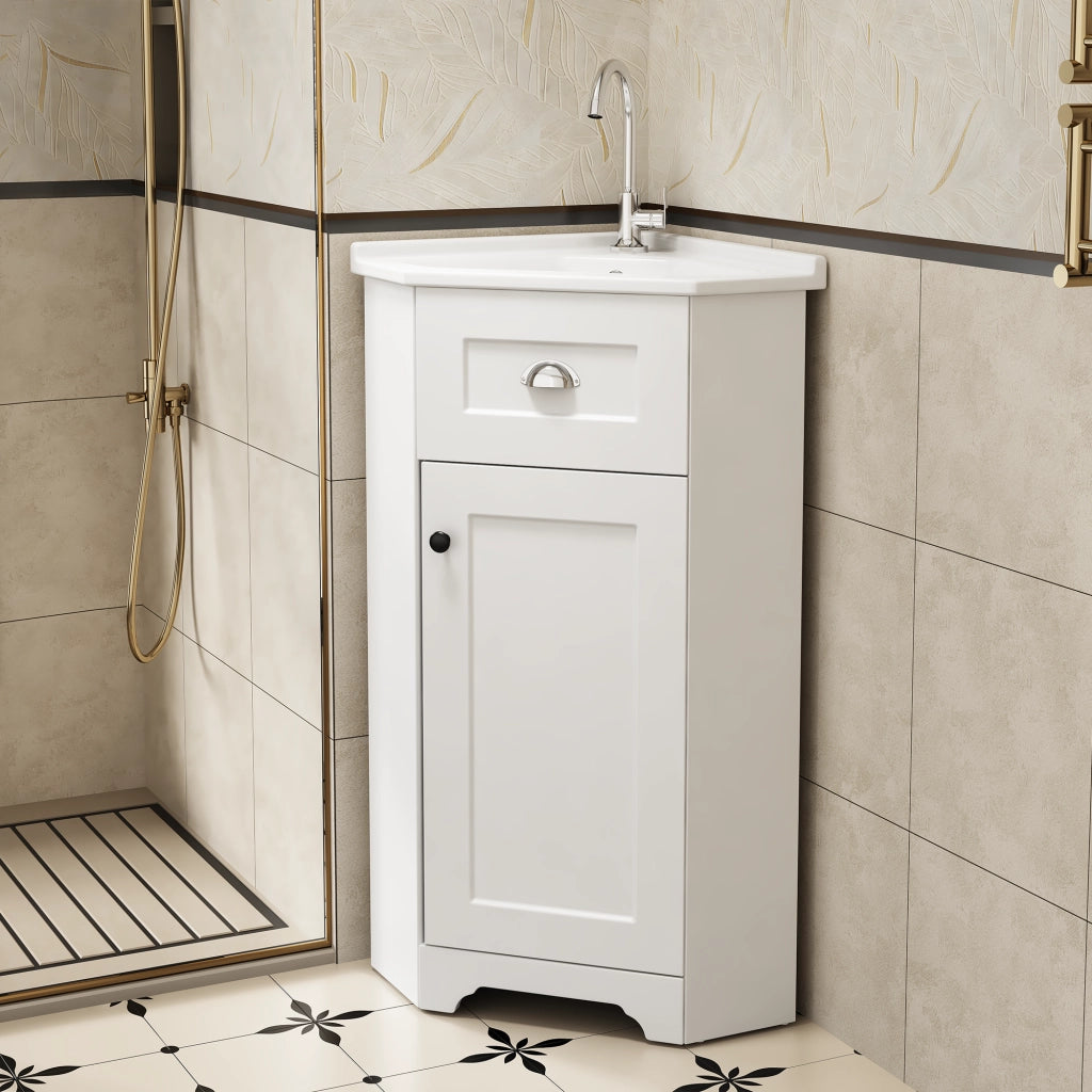 Mobile sottolavabo da bagno a terra con lavabo in ceramica, corpo in MDF, bianco, 59 × 42,5 × 90,5 cm